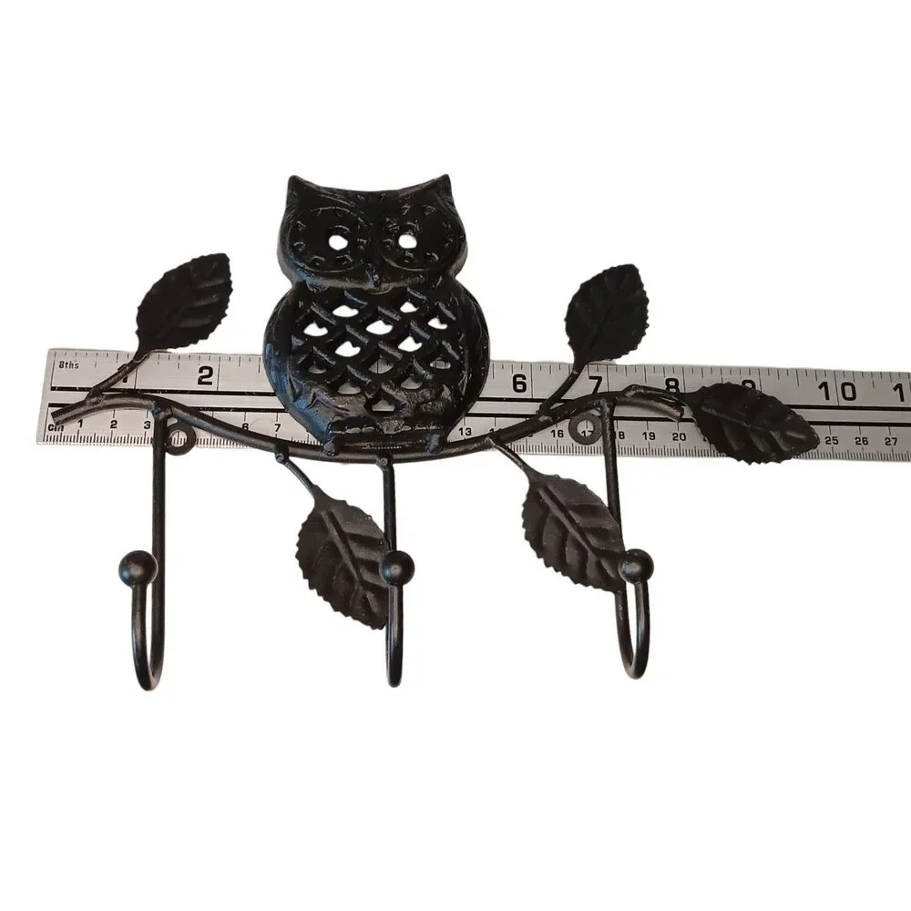 Owl On Tree Branch Wall Hanger Key Holder Three (3) Hooks Black Metal 10.5x7x1